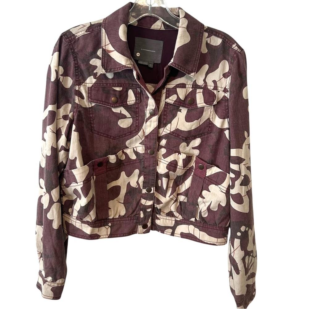 By Anthropologie Women's Burgundy‎ Cream  Linen Blend Trucker Jacket in Size S